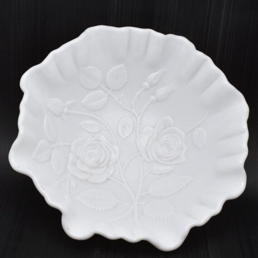Vintage Milk Glass Floral Bowl, Ruffled, Scalloped, Roses - Picture 2 of 9